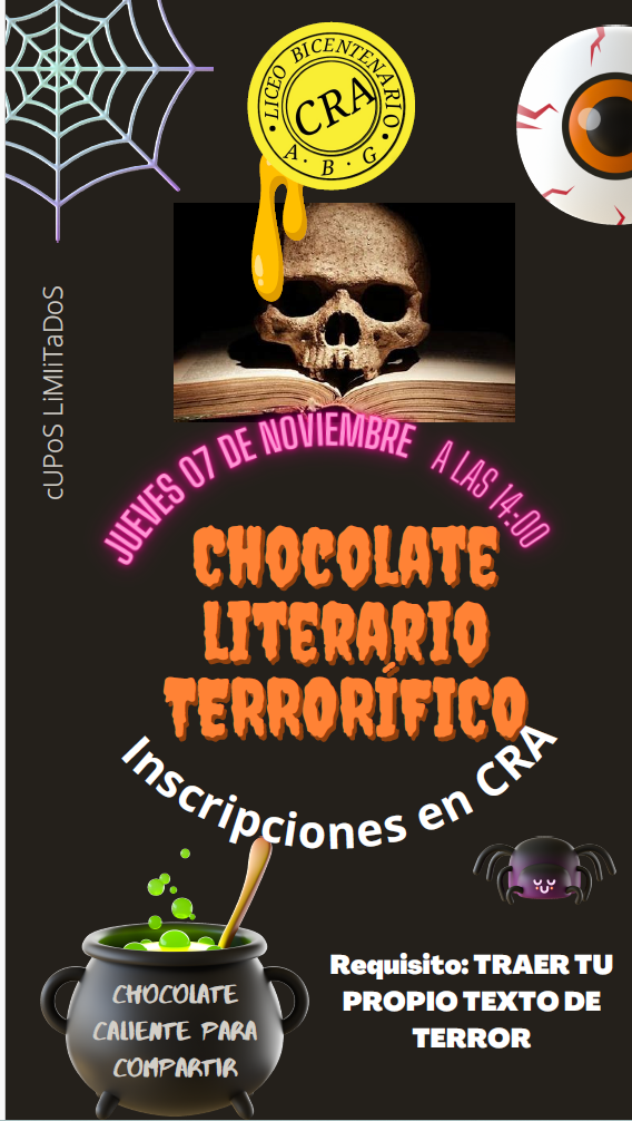 CHOCOLATE LITERARIO DE TERROR, JUEVES 07 A LAS 14:00 EN EL CRA