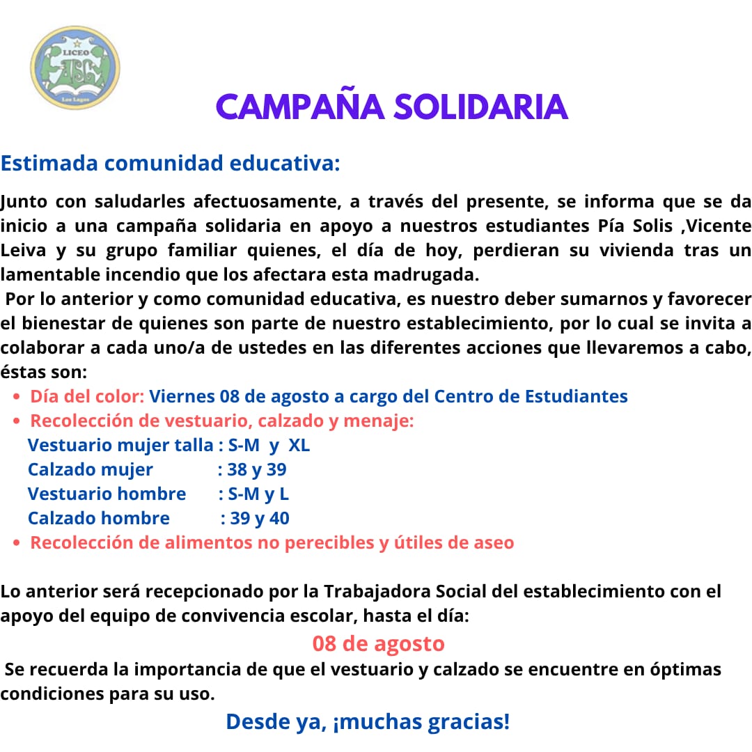 Campaña Solidaria 8 de agosto Dia del color y recolección de Vestuario y alimentos